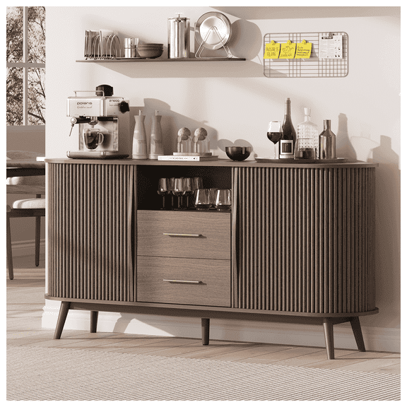 JOINICE Sideboard Buffet Cabinet with Storage,Fluted Cabinet with Drawers and Sliding Doors,for Dining Room,Living Room,Kitche,Walnut