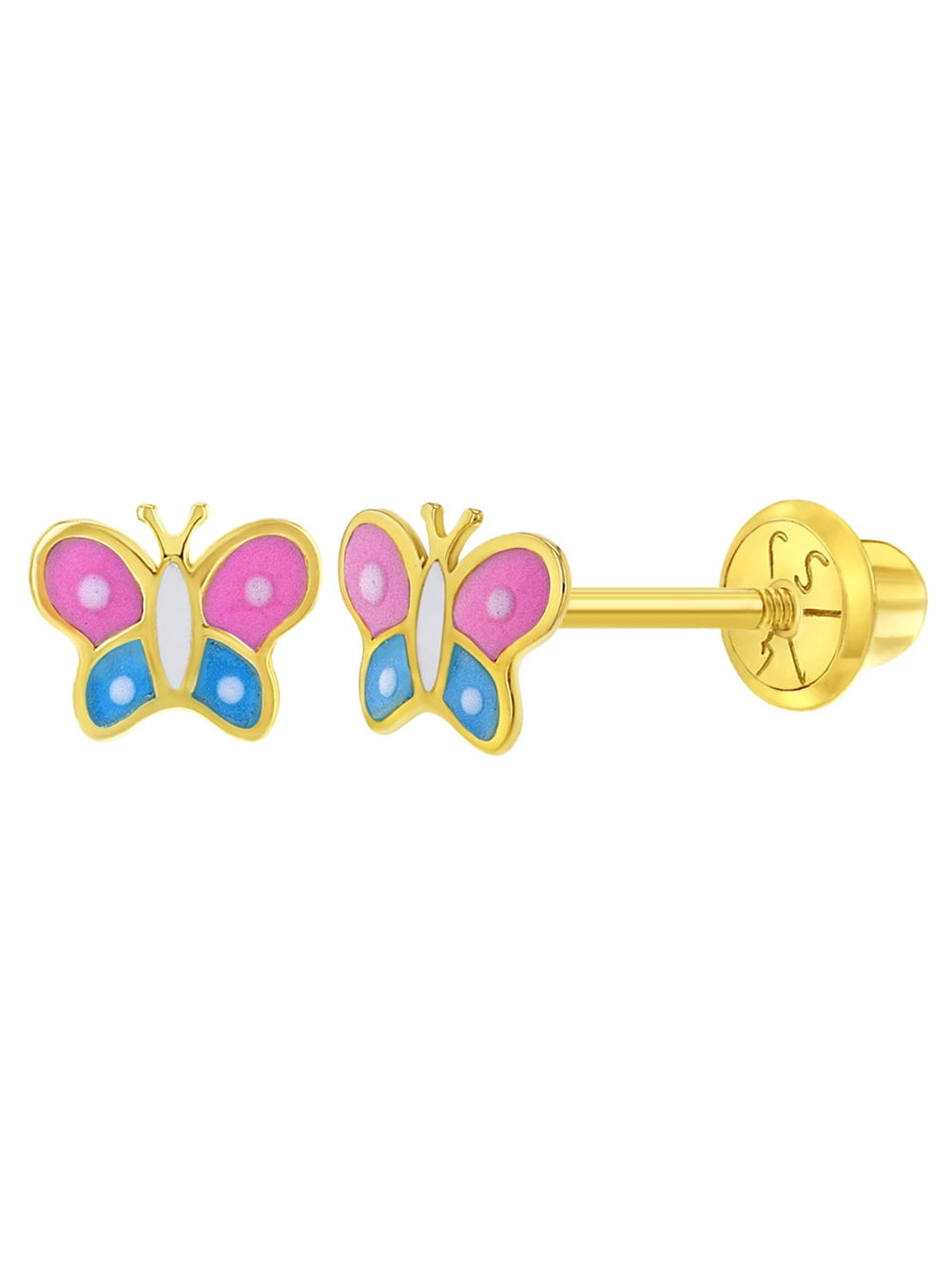 14k Yellow Gold Little Girl's Multicolor Enamel Butterfly Screw Back Earrings