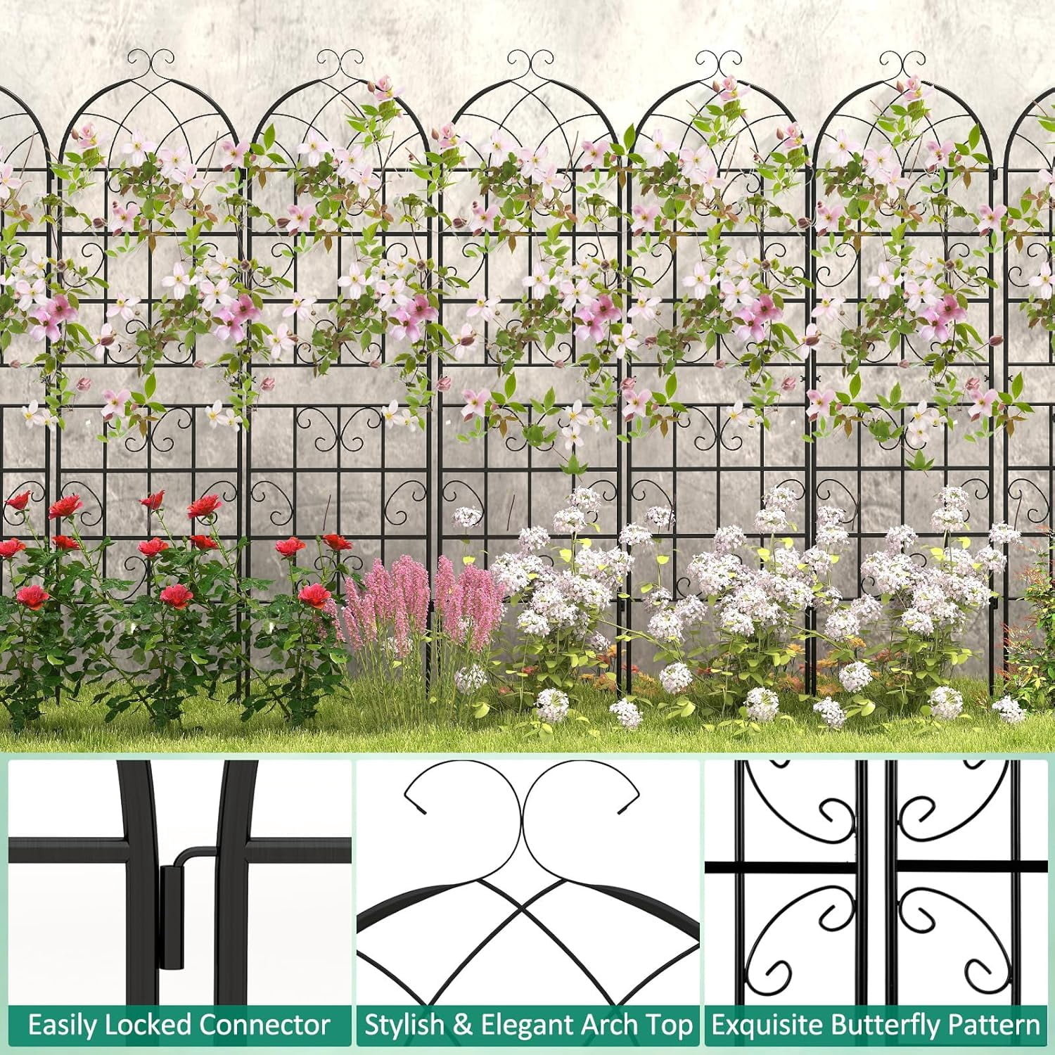 Kingsss 2 Pack Metal Garden Trellis, 71” x 20” Decorative Outdoor Trellis for Climbing Plants, Flowers, Vegetables, Rustproof Cucumber Trellis for Garden, Yard, Patio, Black