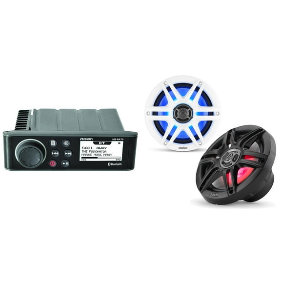 Fusion MS-RA70 Source Unit w/ Clarion CMS-651RGB-SWB 6.5-inch Coaxial Marine Speakers with built-in RGB illumination ( Includes White & Black Sport Grilles )