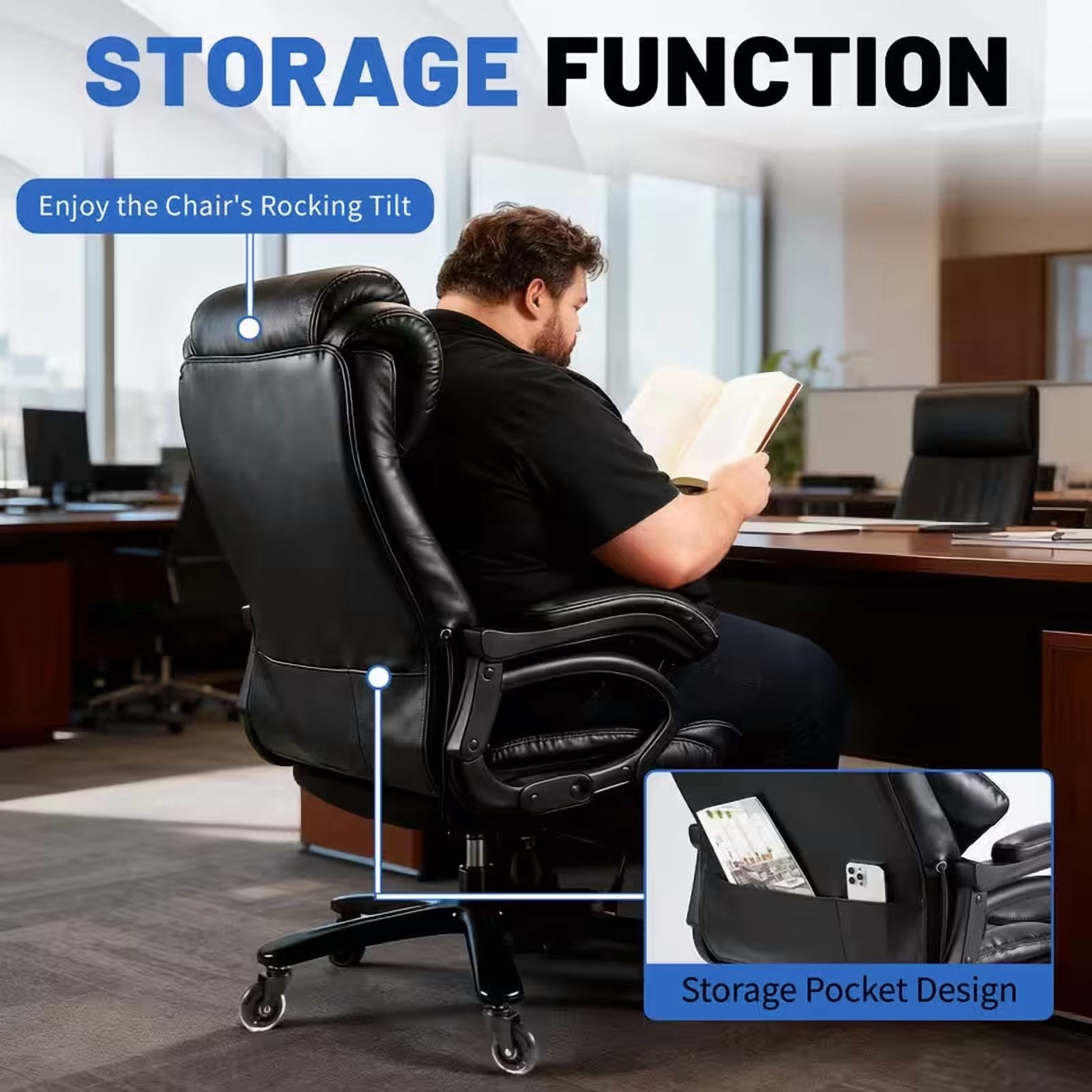 Qusaphy 800LBS Big and Tall Executive Office Chair, PU Leather Ergonomic Desk Chair with Adjustable Backrest and Thick Padded Cushion, Heavy Duty Chair for Home or Office Black