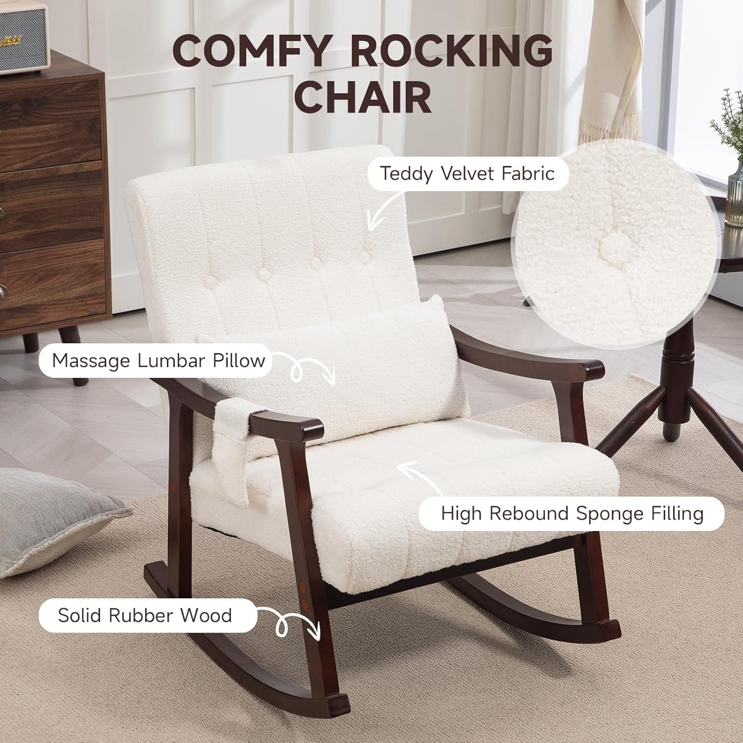 Upholstered Rocking Chair with Massage Lumbar Support,Page 2 Glider Chair with Side Pocket, Nursery Rocker with High Backrest,Rubber Wood Legs, Rocking Accent Armchair for Living Room Bedroom Nursery