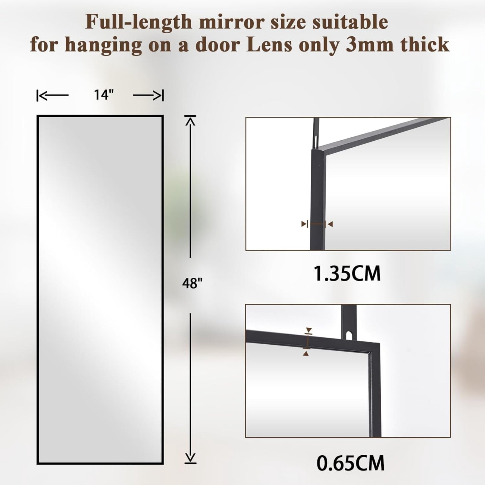 SHATTERVIEW 48"x 14" Full Length Mirror Door Hanging Wall-Mounted Mirror, Black