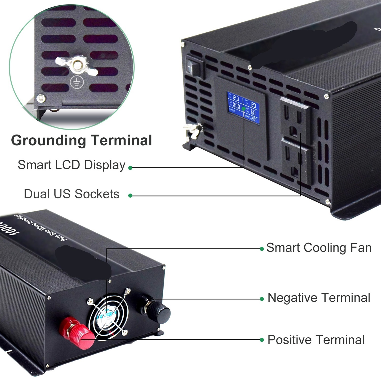 Solar Panel Power Inverter 1000W Pure Sine Wave Inverter 12V/24V/36V/48V DC to 100V/120V//230V/240V AC Converter Transformer ,High-efficiency Conversion