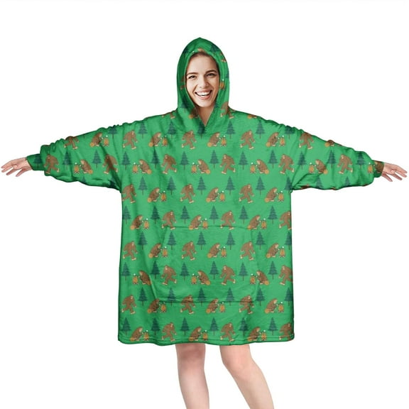 Wearable Oversized Blanket,Green Bigfoot and Campfire Pattern Wearable Blanket Hoodie for Adults,Cozy Hooded Blankets with Super Pockets,Super Warm Fuzzy Pullover for Women & Men