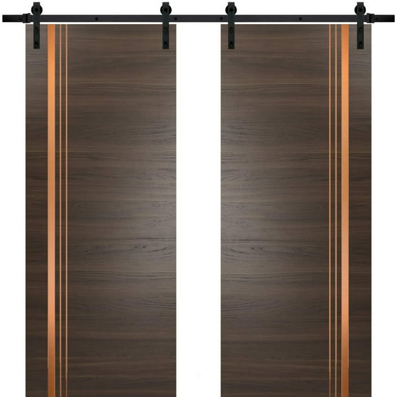 Sturdy Double Barn Door 36 x 80 inches with | Planum 1010 Chocolate Ash with Frosted Glass | 13FT Rail Hangers Heavy Set | Solid Panel Interior Doors