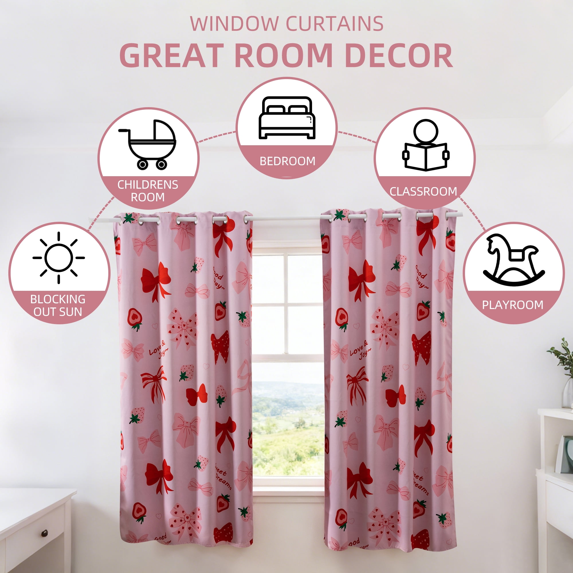 Btargot Blackout Curtains 2 Panels Thermal Insulated Grommet Strawberry Bows Window Curtains for Girls Bedroom 52 X 63 inch