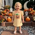 thumbnail image 4 of RUINIXCW Kids Toddler Baby Girl Halloween Dress Outfit Toddler Girls Summer Fall Dress Clothes Pumpkin Embroidery Doll Collar Puff Short Sleeve Dress, 4 of 10