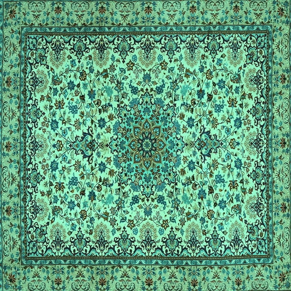 Ahgly Company Machine Washable Indoor Square Medallion Turquoise Blue Traditional Area Rugs, 6' Square
