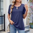 thumbnail image 6 of Fashion Olyvenn Women Plus Size Summer Tops Crewneck Puff Sleeve Pleated Keyhole Casual Loose Tee T-Shirts Fashion Trendy Tops for Women Navy 20-22, 6 of 8
