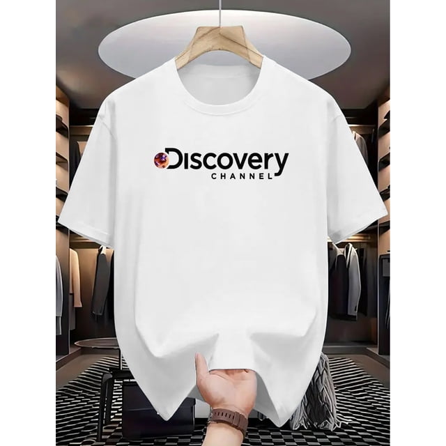 Discovery Channel Men's Casual Graphic Tee - Black Short Sleeve Crewneck with Earth Print, Lightweight Polyester Blend, Summer Essential for Casual Attire