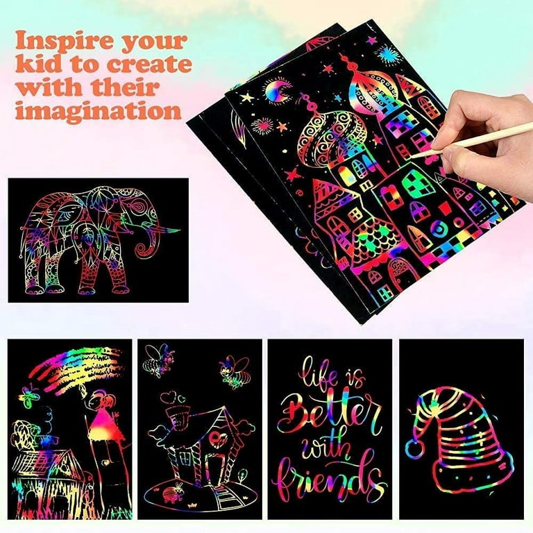 Scratch Paper Art , 50 Sheets 16K 10.2 x 7.5 Rainbow Scratch Art for Kids,  Black Magic Scratch Off Painting Color Paper Crafts with 5 Wooden Stylus  and 4 Draw…