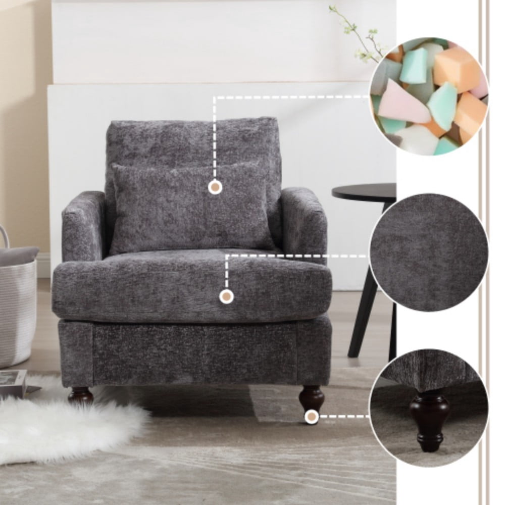 Accent Chair, Mid Century Modern Chenille Armchair with Tufted Back, Studded Solid Wood Frame, Upholstered Lounge Chair for Living Room, Bedroom, Gray