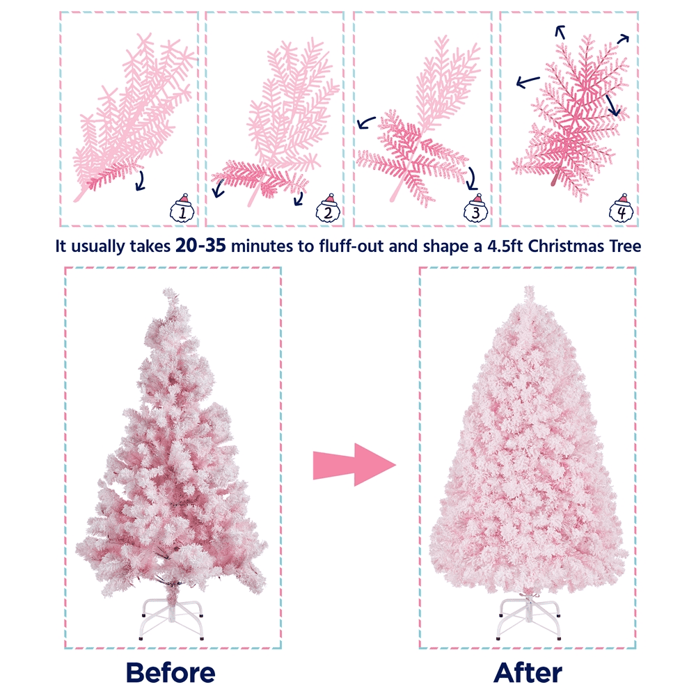 Alden Design 4.5FT Pre-lit Flocked Artificial Christmas Tree with 150 Incandescent Warm White Lights, Pink