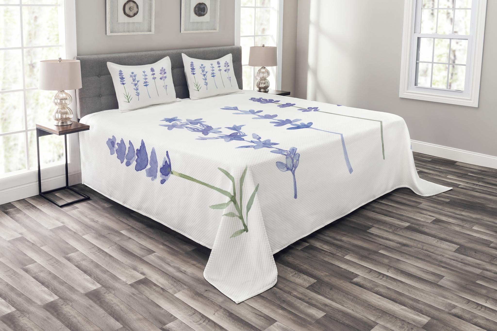 Details about   Lavender Quilted Bedspread & Pillow Shams Set Watercolor Art Plant Print 