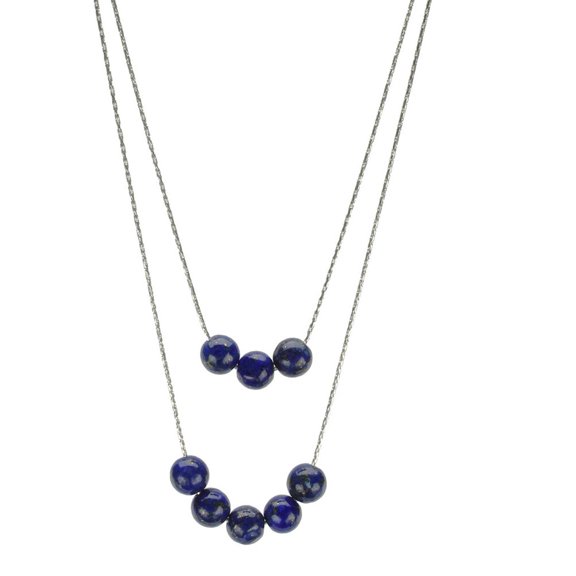 2-Strand Blue Lapis Stone Sterling Silver Chain Necklace 16" 2"