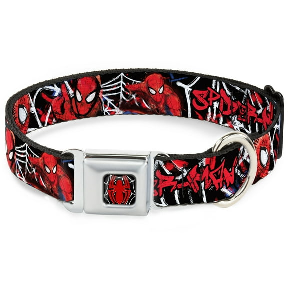 Marvel Comics Pet Collar, Dog Collar Metal Seatbelt Buckle, Spider Man Poses Spider Web Sketch Black White Red, 11 to 16.5 Inches 1.0 Inch Wide