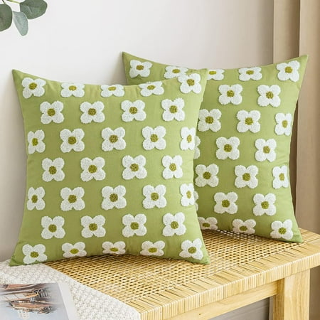

EMEMA Decorative Throw Pillow Covers Daisy Sun Flower Jacquard Pillowcase Cushion Case Square for Couch Sofa Bed Living Room Bedroom Set of 2 16x16 Inch Sage Green