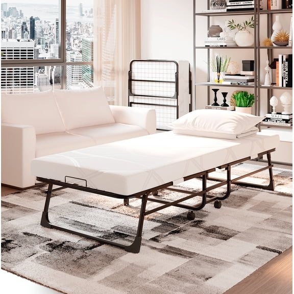 Folding Bed with Memory Foam Mattress for Adults 75”x31” Portable Rollaway Bed for Adults – Space-Saving Design,Sturdy Metal Frame with Wheels,Perfect for Guest Rooms,Small Apartments  Easy Storage