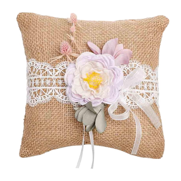 Almohada para anillos de boda BLESIY Estilo europeo Vintage arpillera Yute Decoración Rústica violeta claro