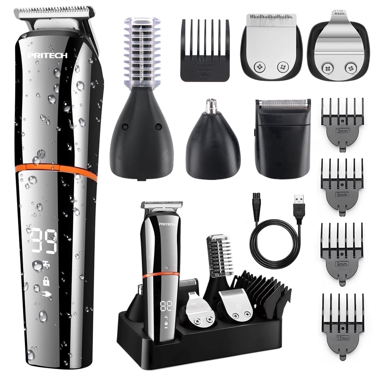 PRITECH Beard Trimmer for Men, All-in-One Hair Clippers Kit, Precision Cordless Grooming Set Waterproof IPX6 for Beard, Hair, Body, Nose, Ear, with Foil Razor (Silver)