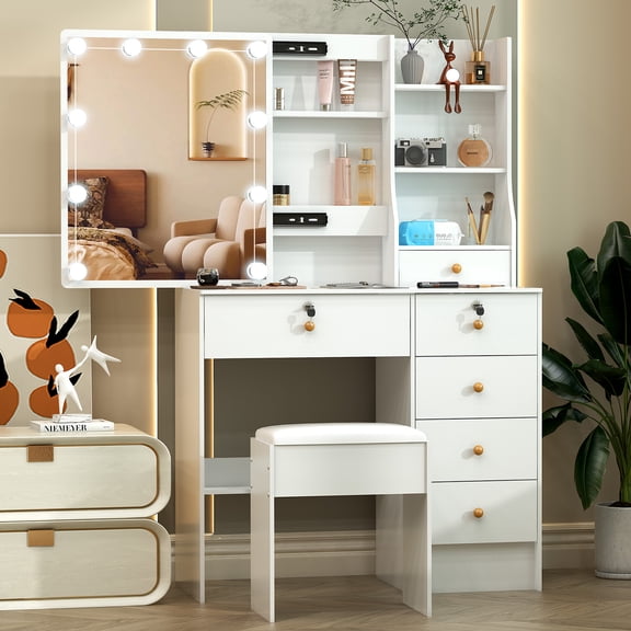 Teousev Modern Makeup Vanity for Bedroom, Vanity Desk with LED Lighted Sliding Mirror and Stool, Makeup Table with Storage Shelves and Drawers, White