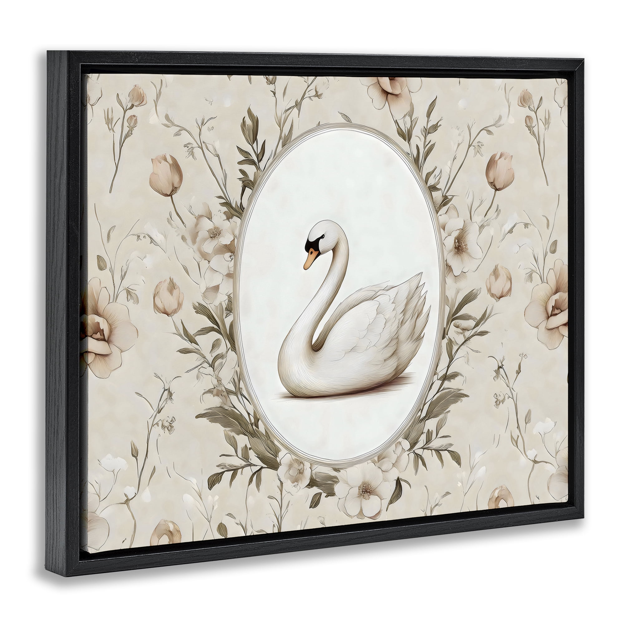 Stupell Industries Swan Vignette in Floral Border Black Framed Floater Canvas Wall Art, design by Arlington Prints