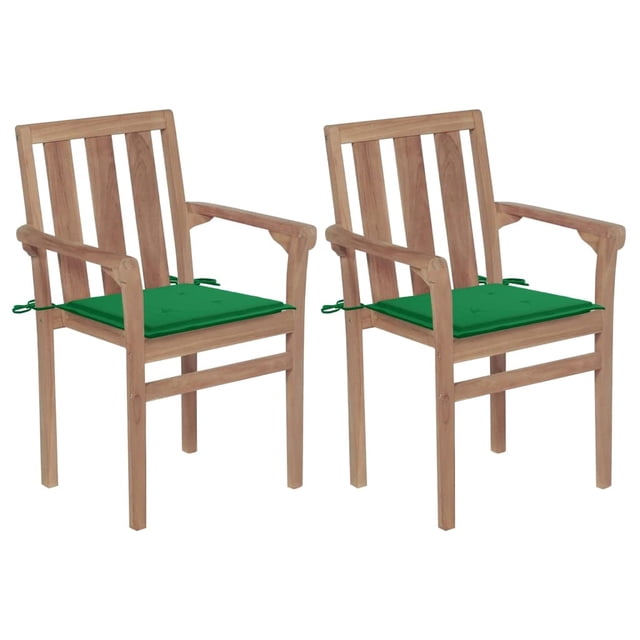 Sillas de patio VidaXL de madera maciza de teca con cojines verdes, 2 unidades