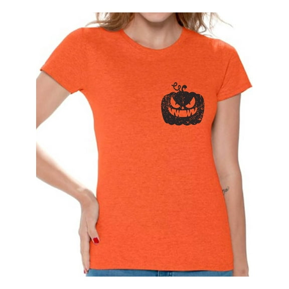 Awkward Styles Jack-O'-Lantern Pumpkin Pocket Tshirt Halloween Pumpkin T Shirt Halloween Shirt for Women Funny Gifts for Halloween Spooky Shirt Scary Pumpkin Tshirt Women's Halloween T-Shirt