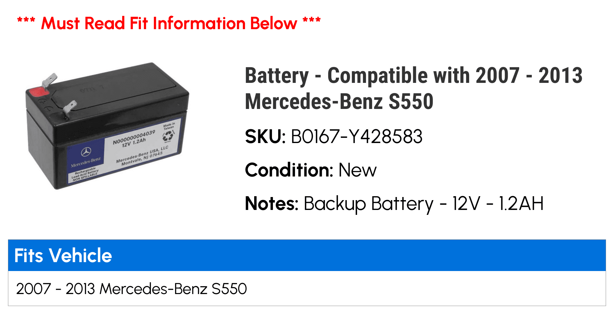 Genuine Backup Automotive 12V Vehicle Battery for Passenger Car, Mercedes Benz S550