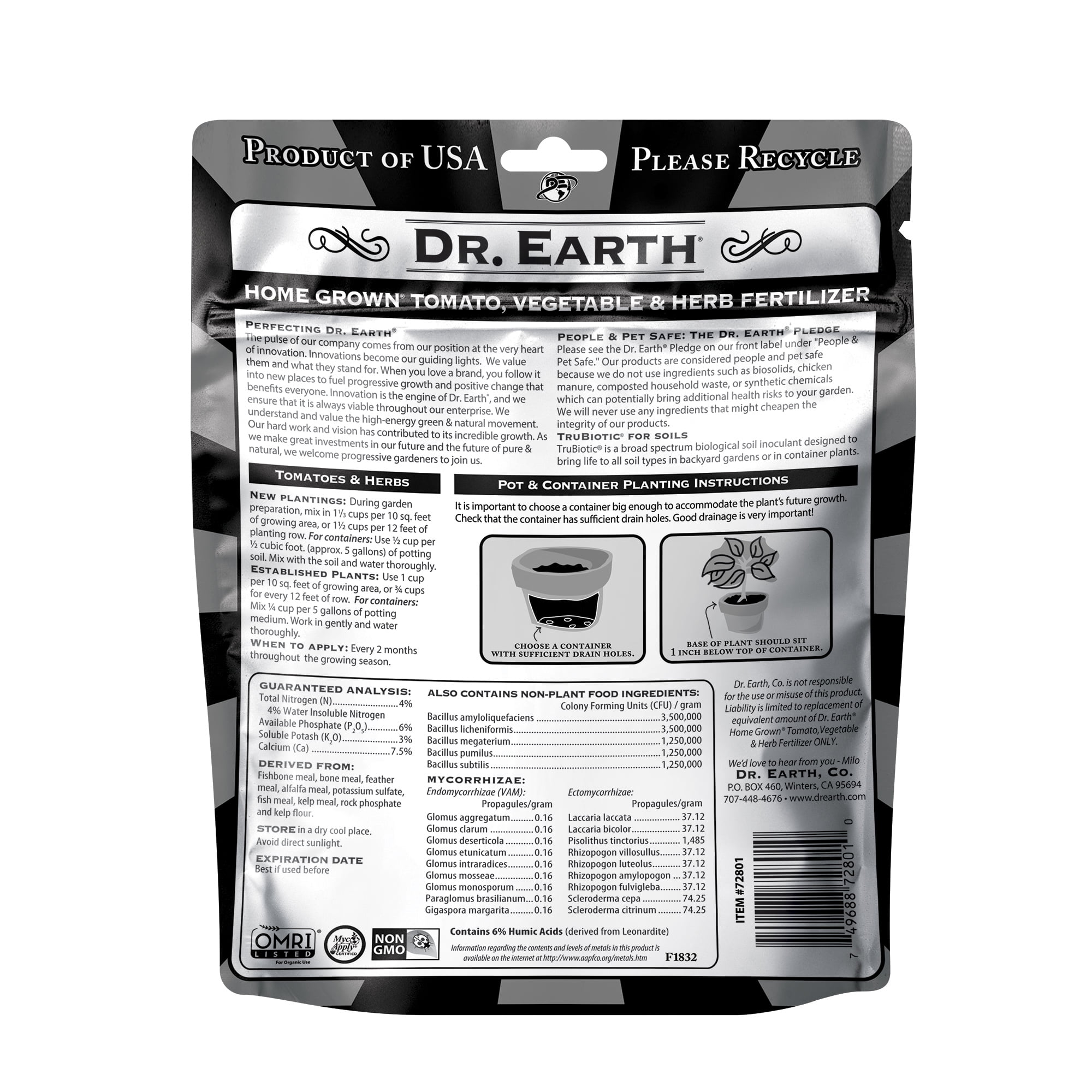 Dr. Earth 72801 Black Label Home Grown Tomato/Vegetable/Herb Fertilizer, 1 Lb. - Quantity 1