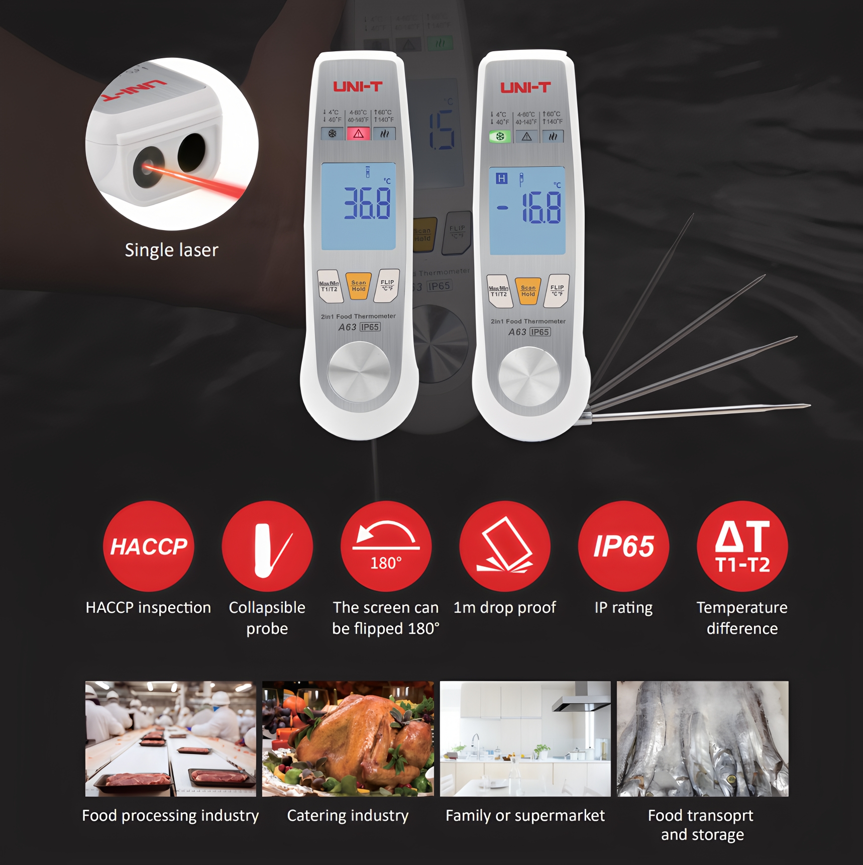 UNI-T Uni-trend A63 High Accuracy 2-in-1 Food Thermometer/Infrared and Probe Temperature Measurement/Coffee Food Temperature Detection