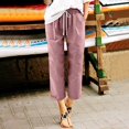 thumbnail image 4 of Women Fashion Solid Color Cotton Flax Elastic Long Pants Beach Leisure Trousers, 4 of 4