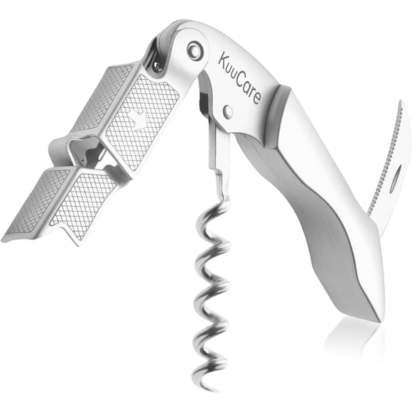 Wine Opener Waiter Corkscrew, Premium 420 Stainless Steel Wine Bottle Opener with Foil Cutter & Cap Remover, Double Hinged Manual Wine Key for Bartenders, Servers, Waiters and Home Use, Silver