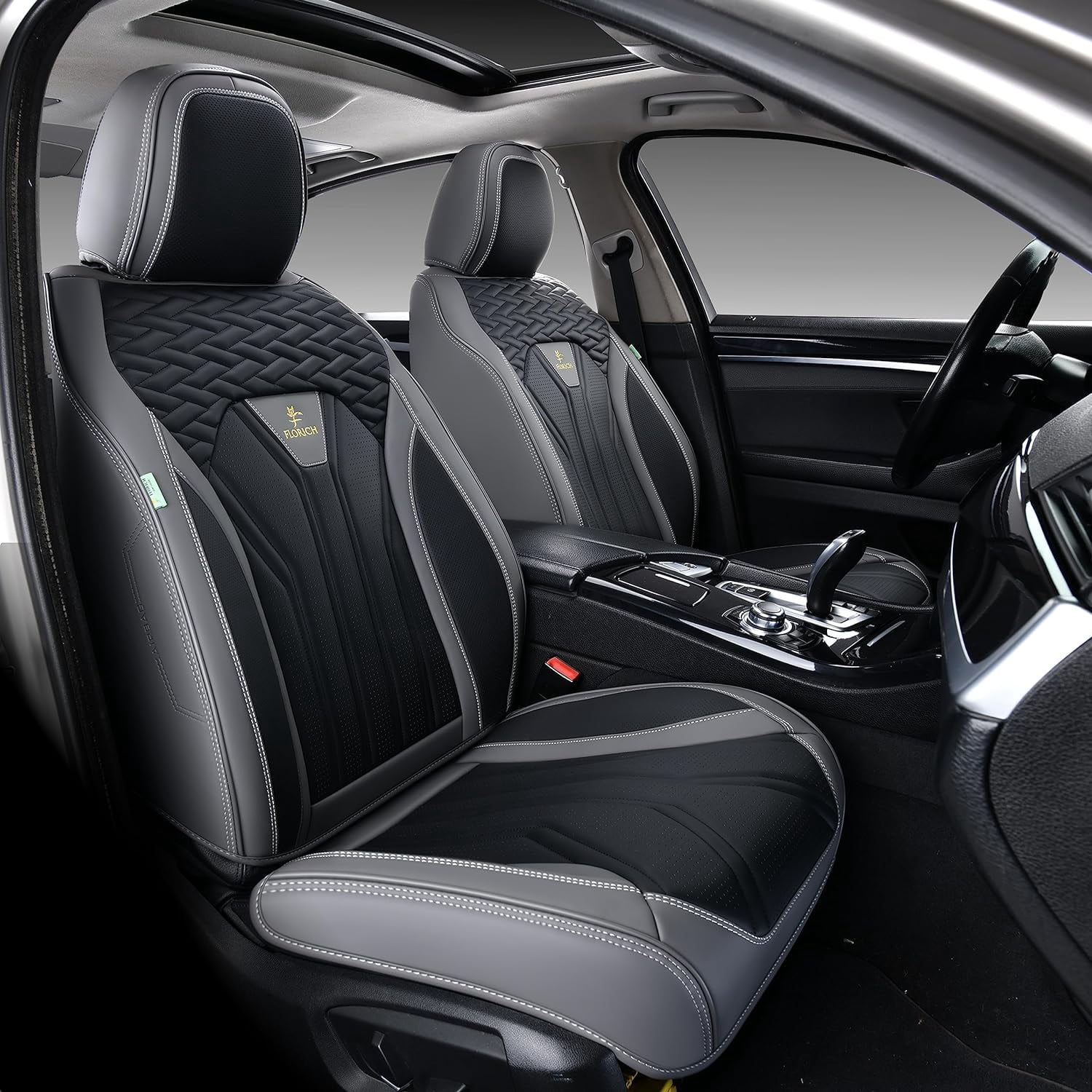 FLORICH Universal Leather Car Seat Cover Full Set, Gray Seat Covers for Cars 5 Seats, Waterproof Front and Rear Automotive Seat Cover Fit for Most Sedans SUV Pick-up Truck, Black & Gray