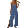 thumbnail image 3 of Jinhomg Women's Deep V Neck Cami Jumpsuit Side Slit Wide Leg Romper Fashion One Piece Wear Casual Summer Beach Outfits Blue S, 3 of 8