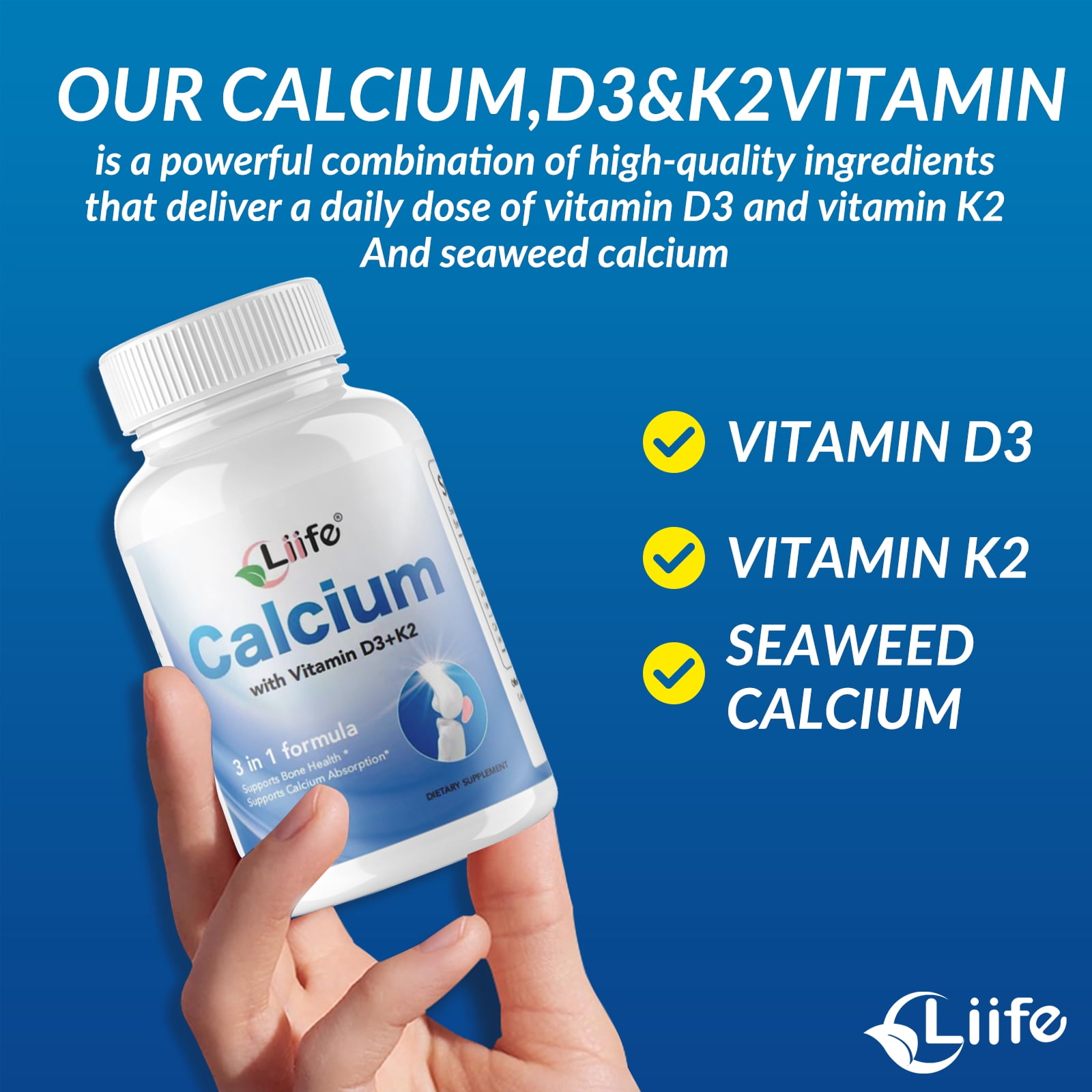 Liife Calcium Vitamin D3 K2(MK7+MK4) 1000 IU, 120 Coconut Oil Softgels - Contains Algae - Supports Bone Health, Joint Support, and Cardiovascular Health - Gluten-Free, Non-GMO