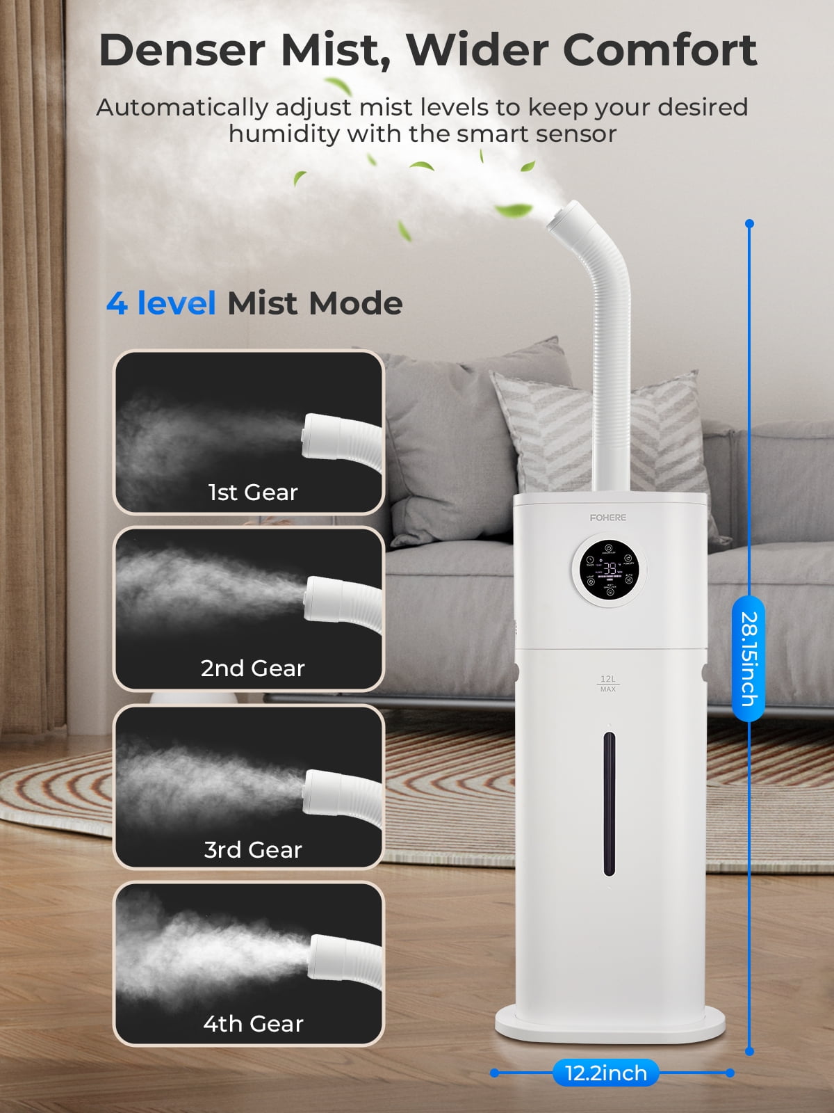 12L Large Room Cool Mist Humidifier, Ultrasonic Floor Humidifier with Smart Humidity Control, 24H Timer, Sleep Mode, Auto Shut Off, Quiet Top Fill Design, Ideal for Home, Baby Nursery, Plants, White