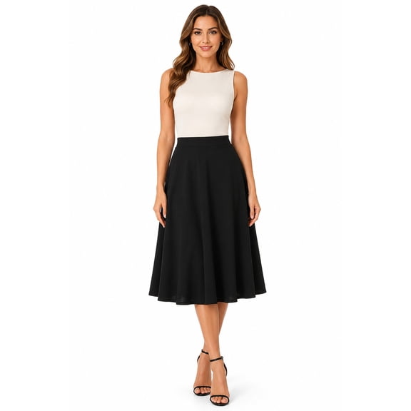 Women's Casual High Waist A-Line Midi Skirt with Elastic Waistband