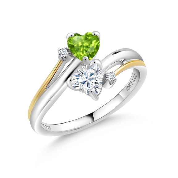 Gem Stone King 925 Silver and 10K Yellow Gold Ring Heart Shape Green Peridot and Moissanite (0.94 Cttw, Size 5)