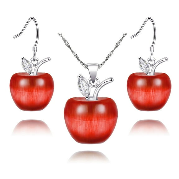 Uloveido White Gold Plated Candy Red Apple Pendant Necklace and Earrings Jewelry Set for Women Teen Red Crystal Apple Pendant Necklace and Dangle Earrings Gift YL007-SET