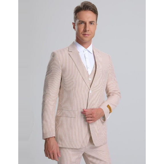 Mens Vested Summer Seersucker Suit in Tan Pinstripe