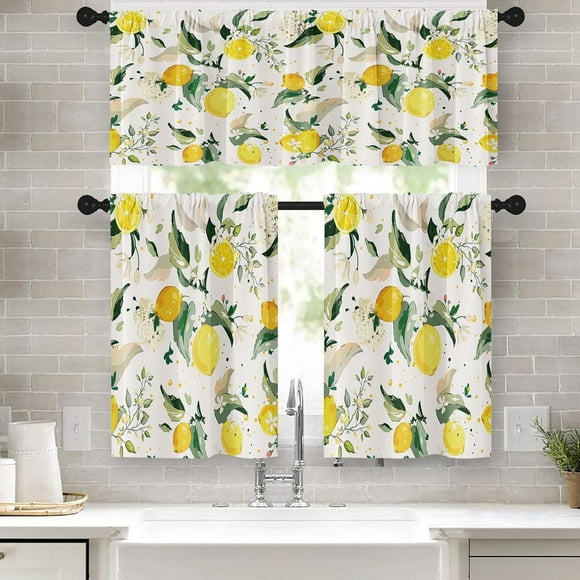 Yellow Lemons Kitchen Curtains Watercolor Window Curtains Valance and Tier Set 36 Inch, Summer Fruit Rod Pocket Short Tier Curtain for Bedroom Living Room, Abstract Small Cafe Kitchen Decor