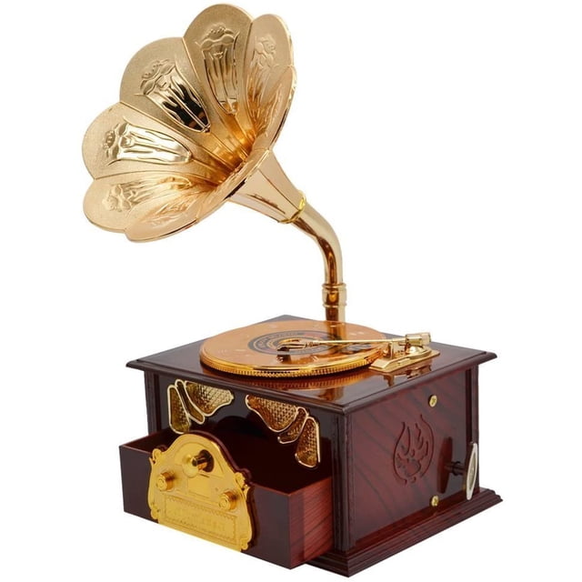 Tocadiscos de trompeta clásica, caja de música y caja de maquillaje, joyero, decoración del hogar (marrón) JAMW Sencillez