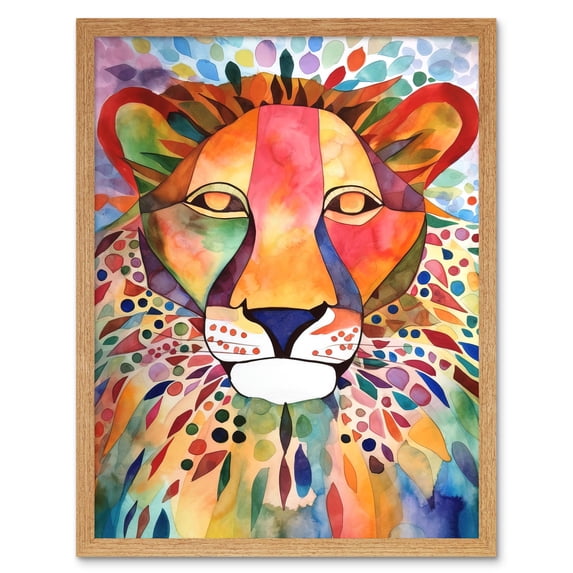 Lion With Multicoloured Pattern Mane Folk Art Watercolour Painting Art Print Framed Poster Wall Decor 12x16 inch