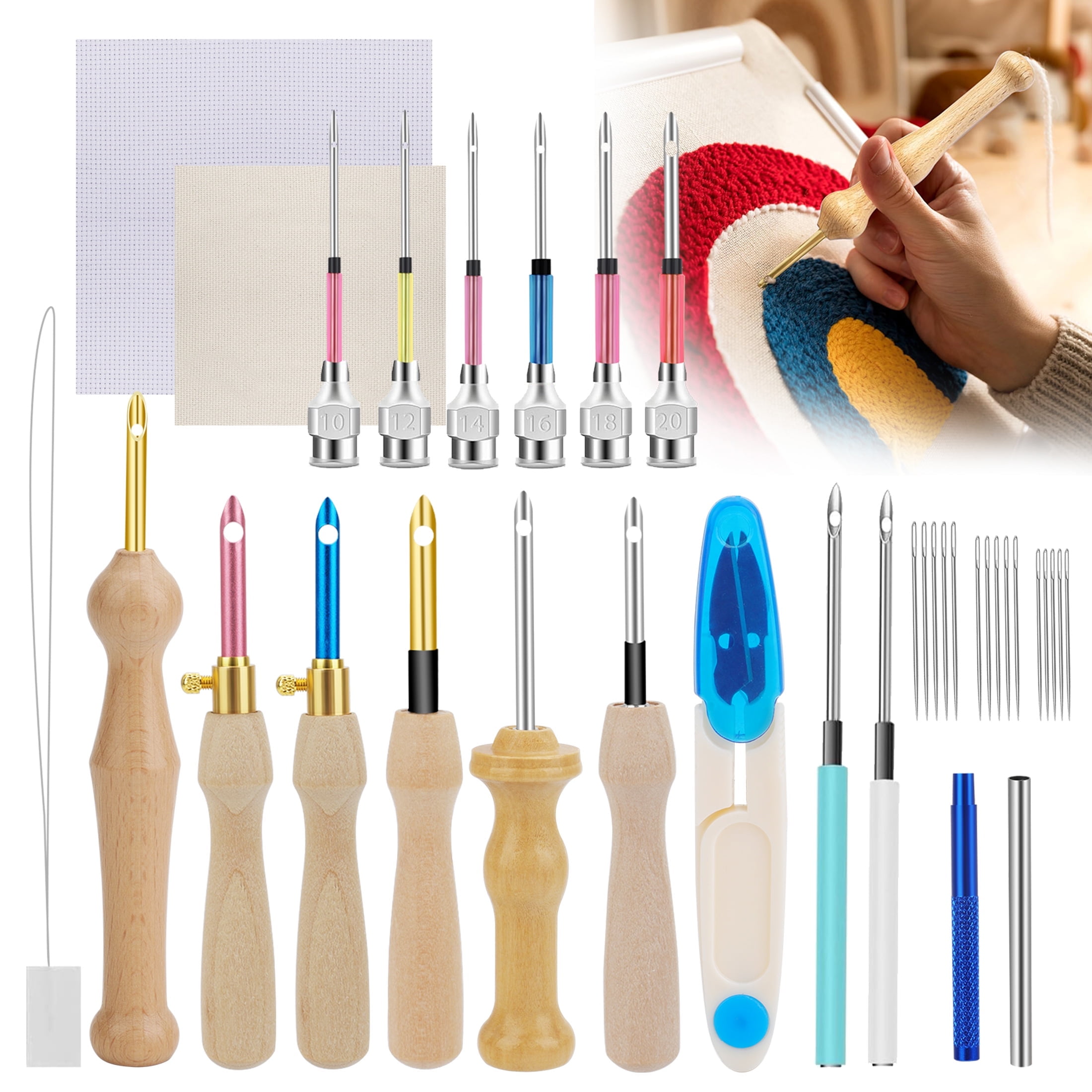 Complete Punch Needle Kit For Beginners - 21-Piece Set With Hoops, Yarn & Tools