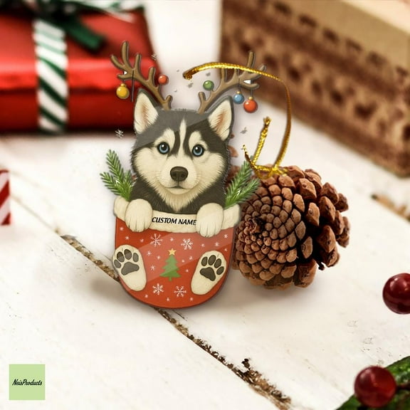 Personalized Husky Dog Acrylic Christmas Ornament Custom Name, Stocking with Antlers, Cute Pet Holiday Tree Decor, Dog Lover Keepsake