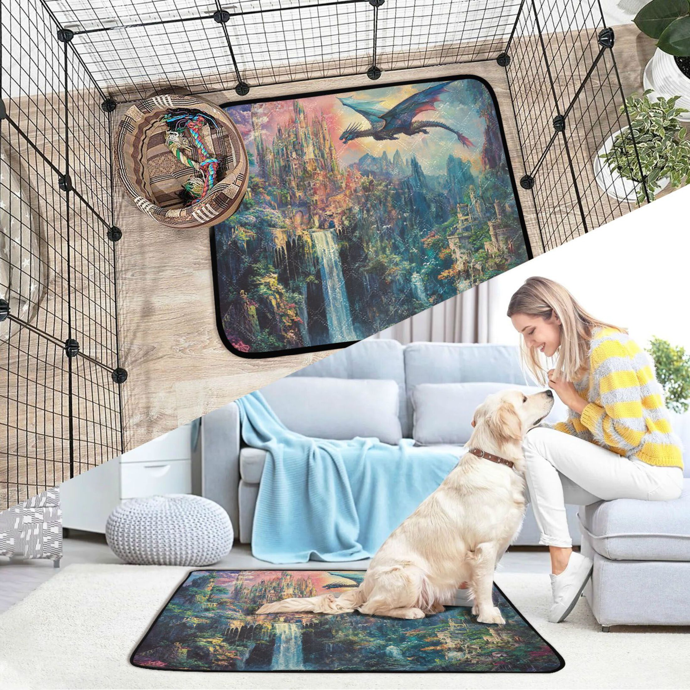 Qxltty Magic Dragon Castle Cat litter Pads Pet Set of 3 Diaper Mats Center Anti-leakage Layer Absorbent Soft and Comfortable