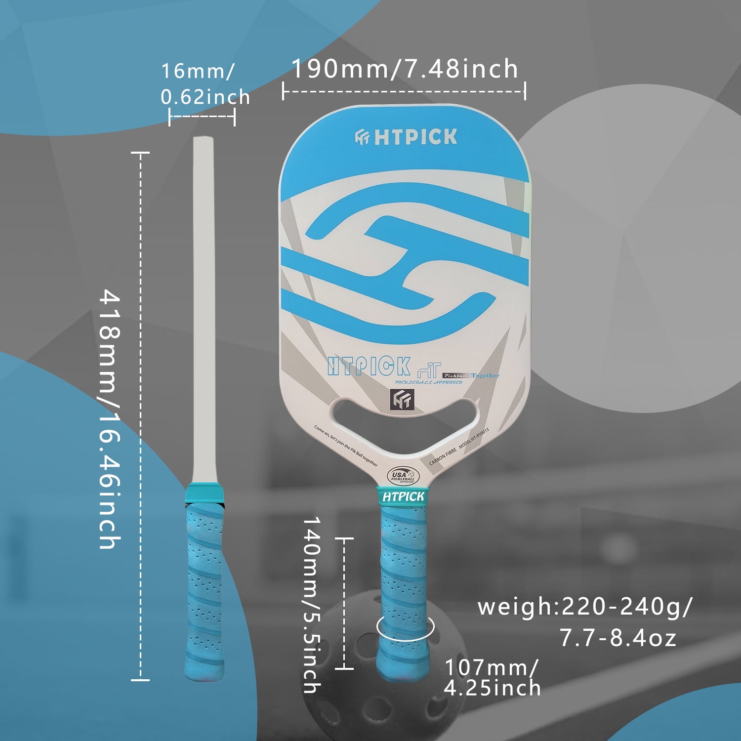 HTPICK Thermoformed Pickleball Paddle - T700 Carbon Fiber Surface, 16mm Honeycomb Core, Blue, USAPA Approved