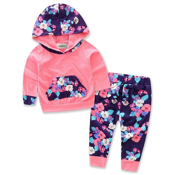 StylesILove Infant Baby Girl Floral Pattern Long Sleeve Hoodie and Pants 3 pcs Cotton Outfit (100/18-24 Months, Hot Pink/Purple Floral)